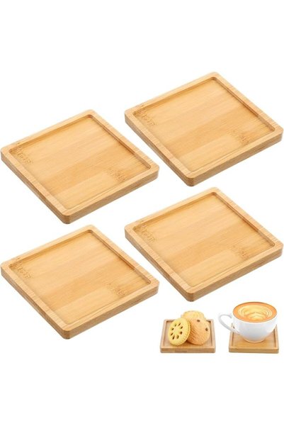 TERRIFI 4 Pack 3.5 Inch Square Natural Bamboo Coasters, Heat Resistant Non-Sl...