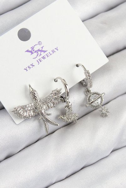 Angel Of Life Brass Zircon Stone 3-Piece Bird Model Silver Color Women's Earr...