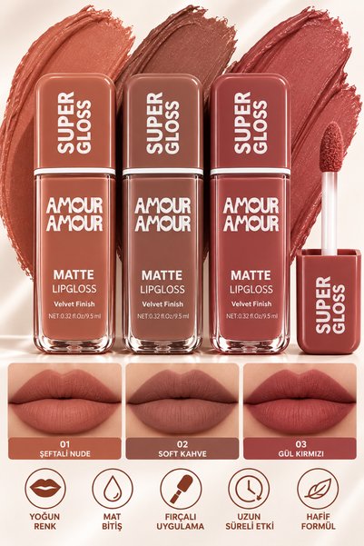MAQYA KOZMETİK Amour Super Gloss 3'lü Mat Likit Ruj Seti (B Serisi)- Kadifems...