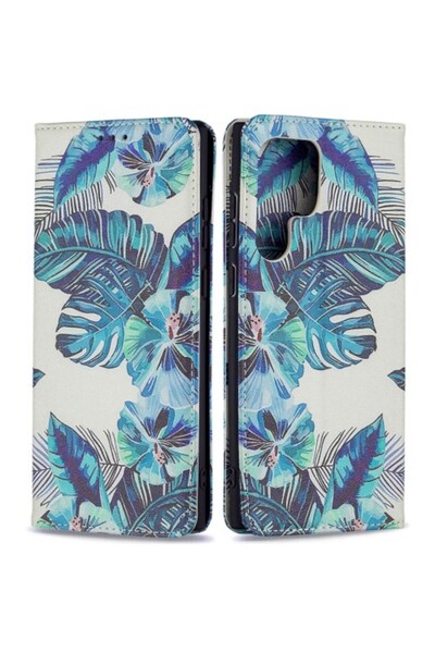 OEM Μαγνητική Θήκη Πορτοφόλι με Βάση για Samsung Galaxy S22 Ultra 5G, Μπλε Φύλλα