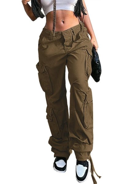 OtherMax Pantaloni Cargo Damă Largi Baggy High-Waist din Bumbac Lejeri Maro L