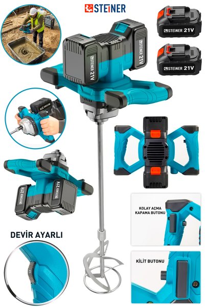 STEİNER 21V Çift Akülü Bakır Sargı Devir Ayarlı Şarjlı Alçı Boya ve Harç Karıştırıcı Mikser Makinesi