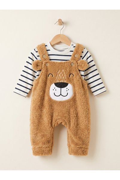 Lindakids Peluş Welsoft Ayarlanabilir Salopet Omzu Çıtçıtlı Çizgili Bodyli Er...