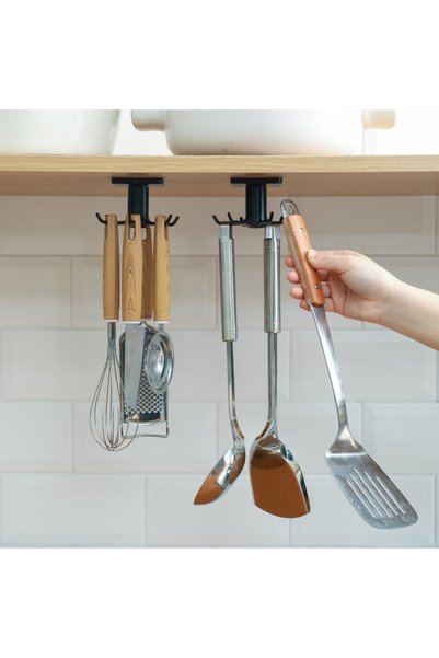Generic Brand Set of 2 Rotating Shelves with Hooks, Black ABS, No Drilling