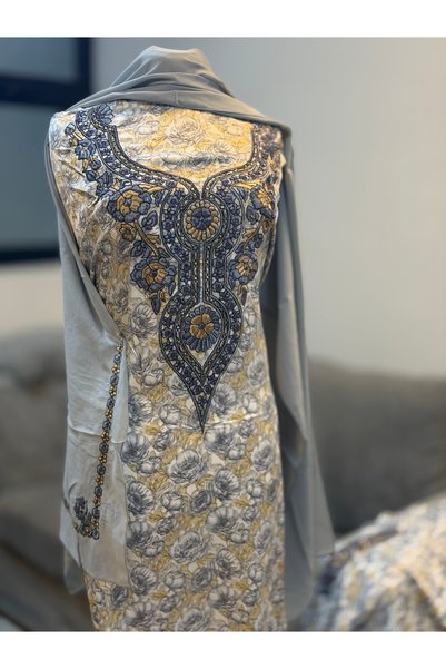 LAVEN Emirati Soft Silk Khimar Fabric with Pattern and Embroidery on Chest an...
