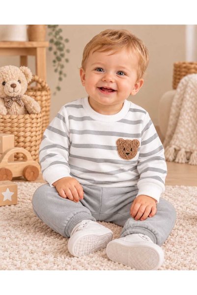 krm kerem bebe Baby Boy Striped Embossed Teddy Bear Embroidered Cotton Season...
