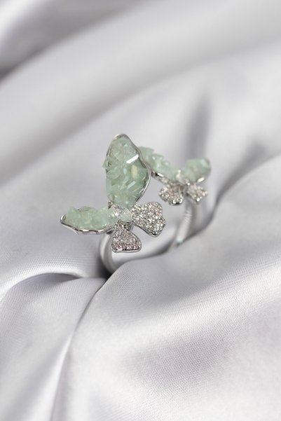 Angel Of Life Silver Color Water Green Butterfly Model Zircon Stone Women's Ring