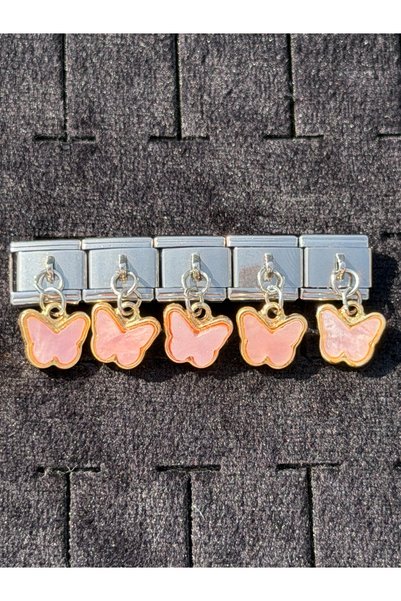 FREE PALACE Italian Model Steel Bracelet Compatible Pink Pearlescent Butterfly Dangle Charm Module