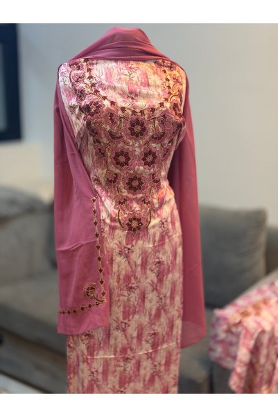 LAVEN Emirati Soft Silk Khimar Fabric with Heavy Embroidery on Chest and Slee...