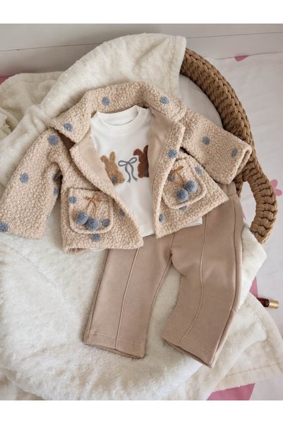 little ipek atelier Kız Bebek Puantiyeli Peluş Ceket, Body , Pantolon 3’lü Ta...