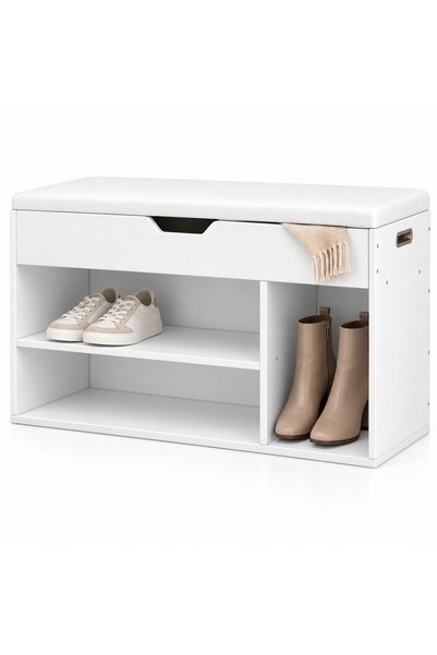 Rebiko Dulap pentru pantofi cu scaun de 80 cm, alb, bancă pentru hol cu 3 raf...