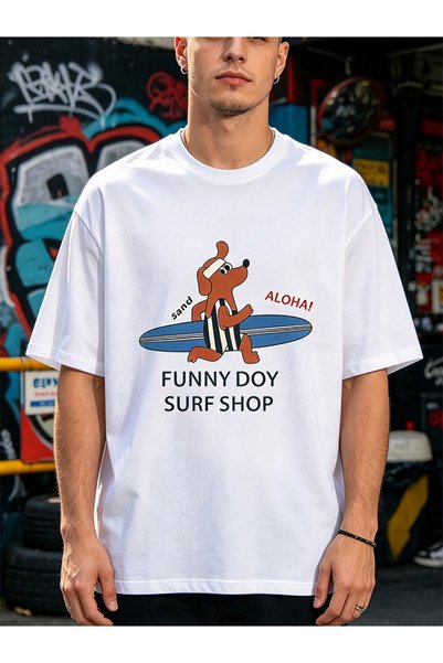 Arabest Men's 100% Cotton T-Shirt White Funny dog surf shop Print