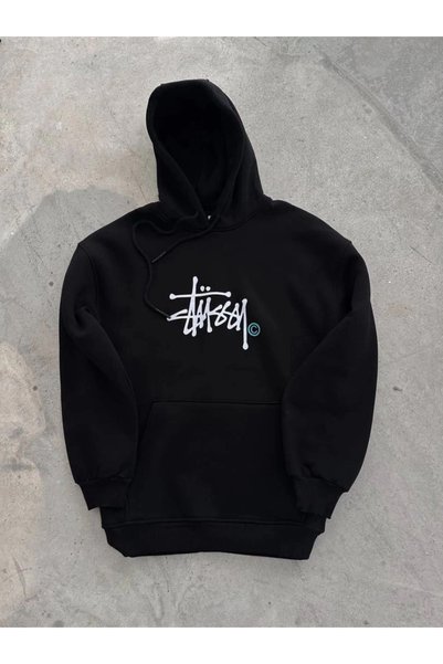 Marche Bien Men's Three Thread Hooded Printed Sweatshirt - Black