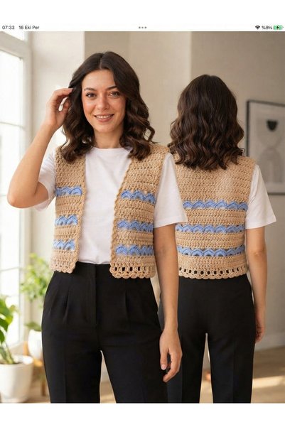 MEGAHAN BOUTIQUE Megahan Hand Knitted Crochet Patterned Women's Vest - Beige ...