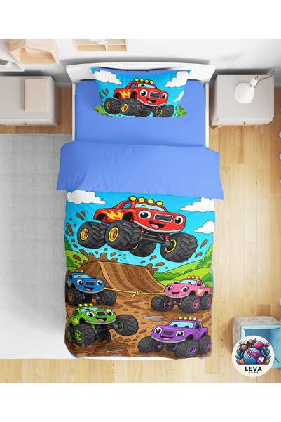 Levva Home Car Patterned Colorful 3D Digital Printed Single Boy Duvet Cover S...