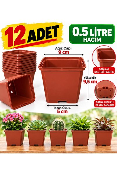 NEXVORİA 12 Adet Kare Plastik Üretim Saksısı 0,5 Litre – 9 cm Ağız Çapı, 9,5 ...