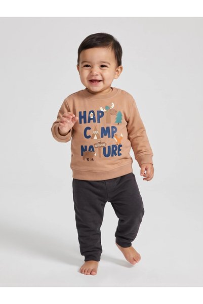 Styli Baby Boy Brown Graphic Sweatshirt with Shoulder Snap