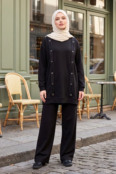 Ceremony Bird's Eye and Lace Detail Trouser Suit 968 Black