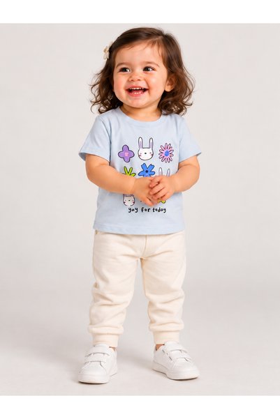 Styli Baby Girl Light Blue Bunny Graphic Cotton T-Shirt