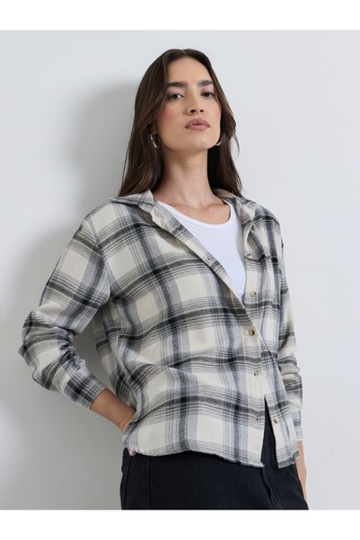 Styli Off White Longline Check Oversized Shirt