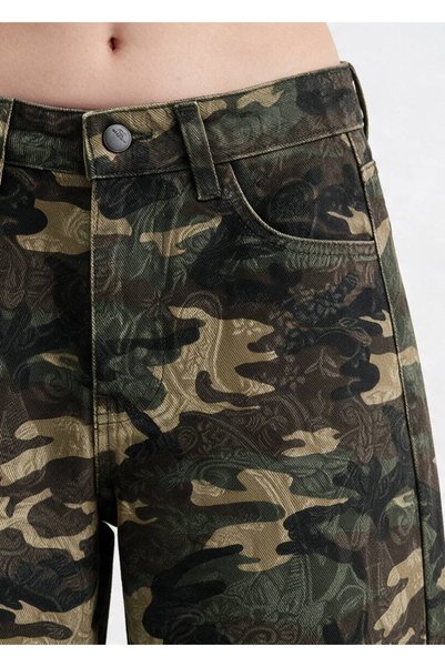 tw3 Kadın Kamuflaj ve Şal Desenli Gabardin Kumaş Palazzo Tasarım Pantolon
