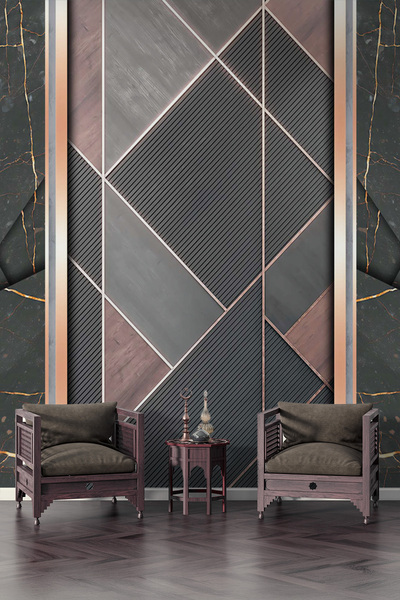 MİRAZAWALL Rose Gold Çizgili Geometrik, Antrasit Mermer Desenli Tek Parça Tek...