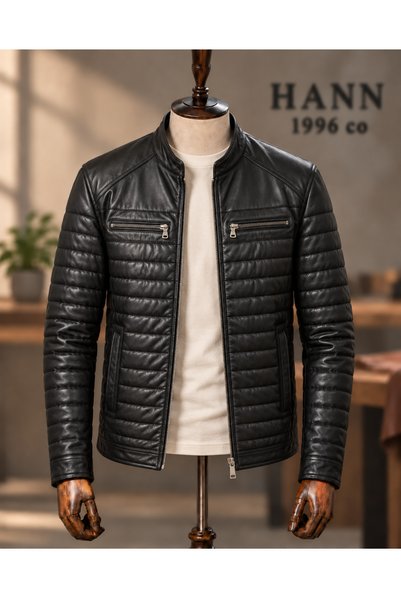 HANN 1996 Co Erkek Siyah Hakiki Deri Kapitone Biker Ceket