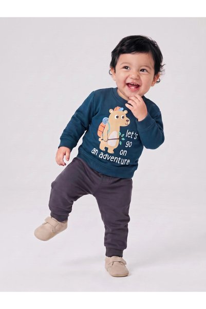 Styli Baby Boys Blue Cotton Sweatshirt with Shoulder Snap