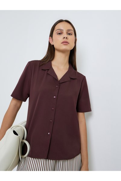 Styli Brown Boxy Fit Cuban Collar Short Sleeve Shirt