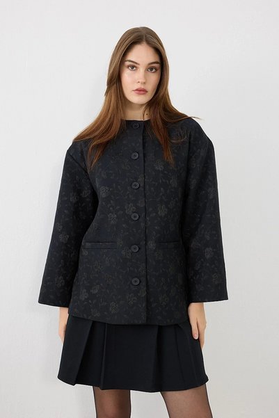 Gusto Yuvarlak Yakalı Jakar Kaftan - Lacivert