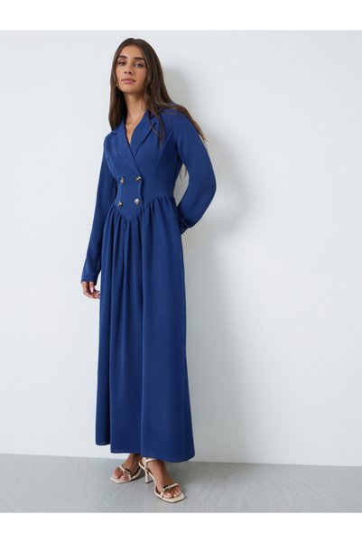 Styli Navy Blue Blazer Maxi Dress with Button Detail