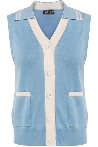 OtherMax Vestă tricotată elegantă pentru femei, cu contrast, albastră, mărime XL