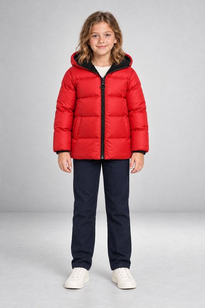 MYRAB DENİM Girl's Red Fleece Hooded Windproof Inflatable Winter Coat