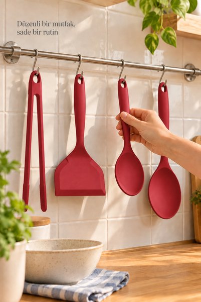 Tilbe Home 4lü Silikon Mutfak Servis Seti Kaşık Spatula Maşa Yemek Pişirme Karıştırma Hazırlık Gereçleri Kırmız