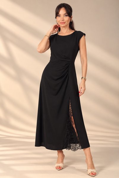 By Saygı Women's Zero Sleeve Lace Slit Detailed Lined Draped Midi Crepe Dress