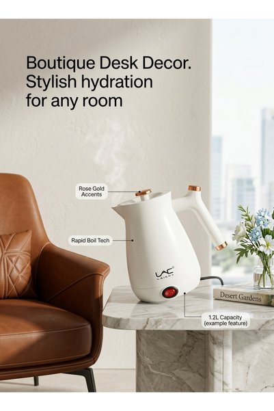 LAC Small Electric Kettle, Mini Portable Hot Water Boiler with Rose Gold Decor, Compact Tea Kettle for Office Desk, Fast Boiling Water Heater