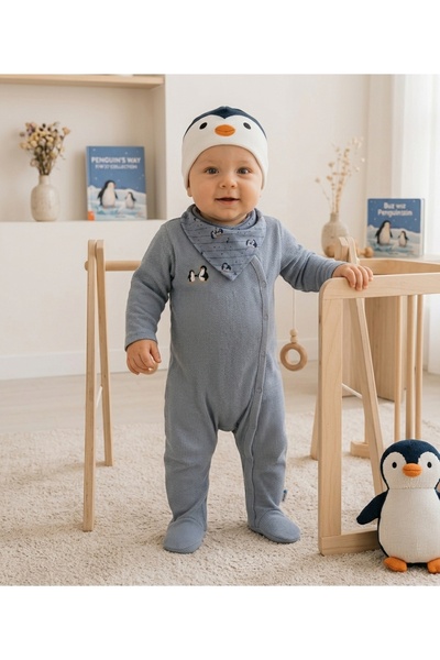 HAFY BABY Bebek Penguen Nakışlı 3'lü Kombin Tulum Seti - %100 Organik Pamuk Waffle Dokuma Patikli Tulum