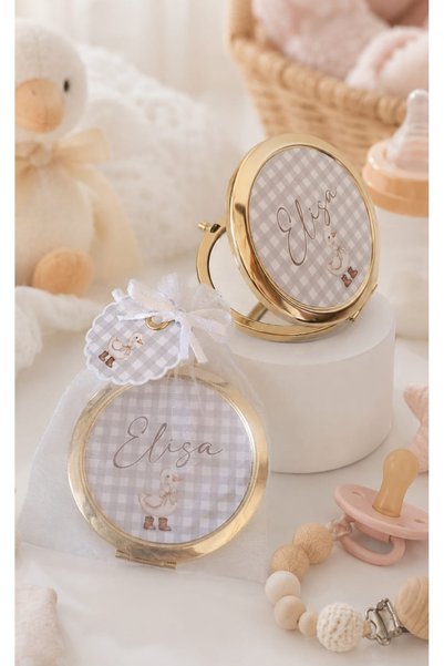 glaminkworld Kişiye Özel Bebek Doğum ve Mevlüt Hediyeliği Cep Aynası - İstenilen Konsept ve İsim Baskılı Tül Keseli Hediyelik