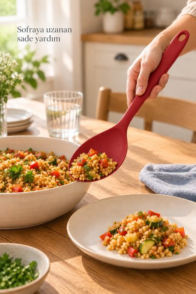 Tilbe Home 4lü Silikon Mutfak Servis Seti Kaşık Spatula Maşa Yemek Pişirme Karıştırma Hazırlık Gereçleri Kırmız