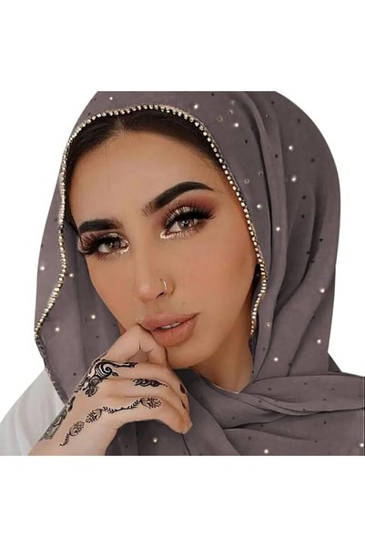 Tazweeq وشاح نسائي طويل من الشيفون الناعم مزين بالأحجار الكريمة، حجاب إسلامي ...