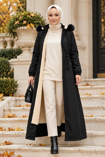 Hb Harma Time Butik Women's Hooded Zippered Pocket Bondit Black Coat
