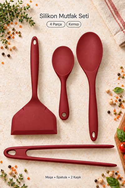 Tilbe Home 4lü Silikon Mutfak Servis Seti Kaşık Spatula Maşa Yemek Pişirme Karıştırma Hazırlık Gereçleri Kırmız