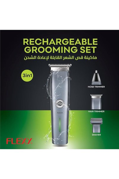 flexy Rechargeable Grooming Set: 3-in-1 Nose Trimmer, Hair Trimmer, Shaver, 2-Hour Charge/Use, Hard