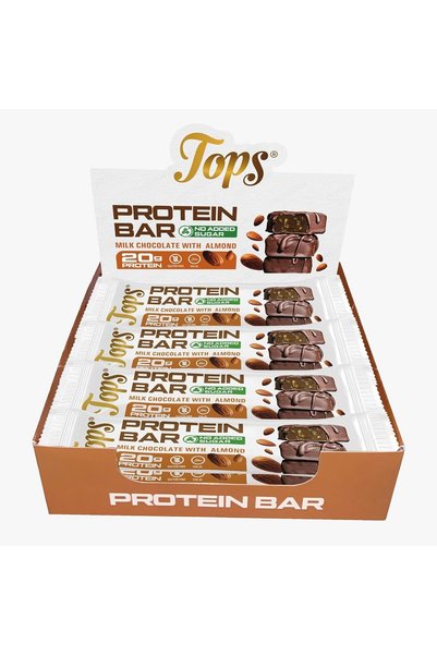 Tops لوح بروتين 60 غ باللوز بدون سكر مضاف ومغطى بشوكولاتة الحليب عدد 12 حبة