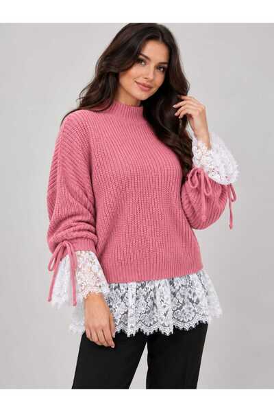 ASEZ BUTİK ZERAFETİN ADRESİ Asez Boutique Women's Half Turtleneck Lace Detailed Lace-Up Sleeve Knitwear Sweater