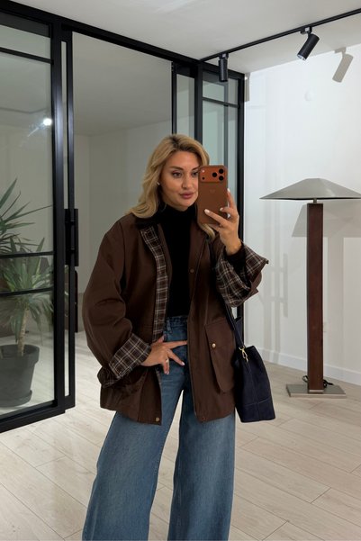 Sezgi Tekin Premium Seri Ekose Astarlı Oversize Kahve Parka