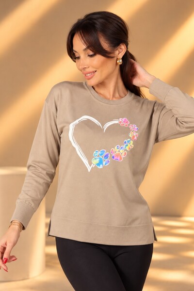 By Saygı Women's Colorful Paw Print Heart Pattern Long Sleeve Blouse