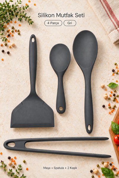 Tilbe Home 4lü Silikon Mutfak Servis Seti Kaşık Spatula Maşa Yemek Pişirme Karıştırma Hazırlık Gereçleri Gri
