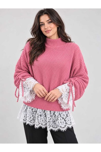 ASEZ BUTİK ZERAFETİN ADRESİ Asez Boutique Women's Half Turtleneck Lace Detailed Lace-Up Sleeve Knitwear Sweater