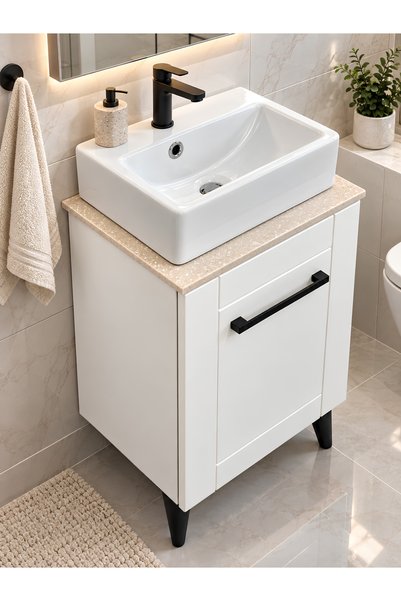 AKADEMİK BANYO 41 cm Mini Lavabolu Krem Banyo Dolabı Ayaklı Membran Kapaklı K...